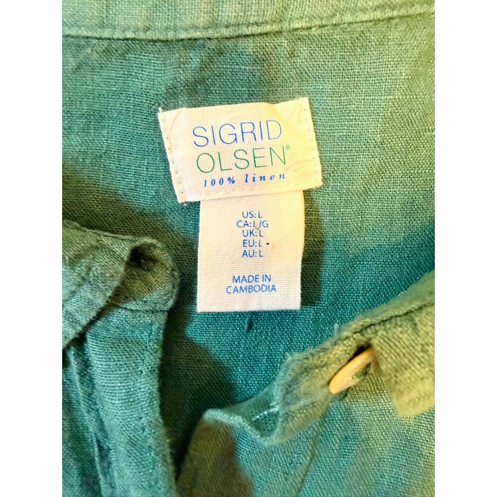 Sigrid Olsen 100% Linen Boxy Crop Shirt Green 3/4 Sleeve Large Coastal - Picture 4 of 6